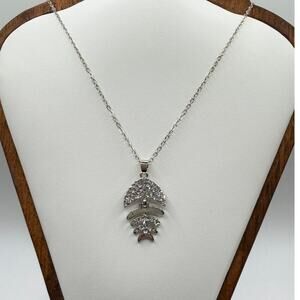Silver‑Tone Pave Fishbone Pendant Necklace – Sparkly & Playful 9" drop